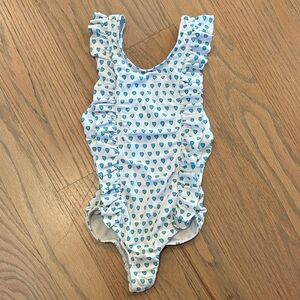 Minnow Swim White One-Piece Swimsuit with Blue Heart Print and Ruffles Size 3-4